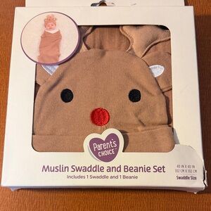Parents Choice Brown Reindeer Muslin Swaddle & Beanie Set
